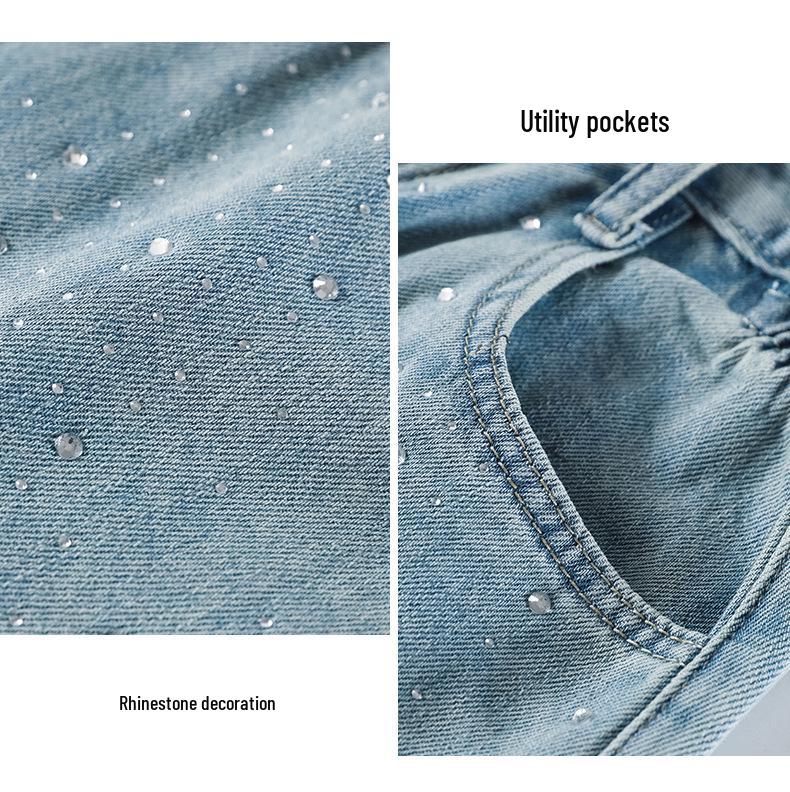 Women's Summer Slimming Rhinestone Denim Hot Pants - Loose Wide-Leg Petite Style