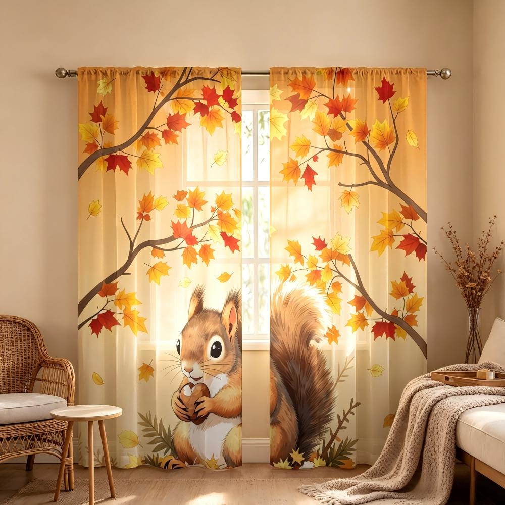 2PCS Digital Print Sheer Curtain, Autumn Forest Squirrel, Fall Woodland Animal - Voile Drapes for Bedroom Living Room Decor