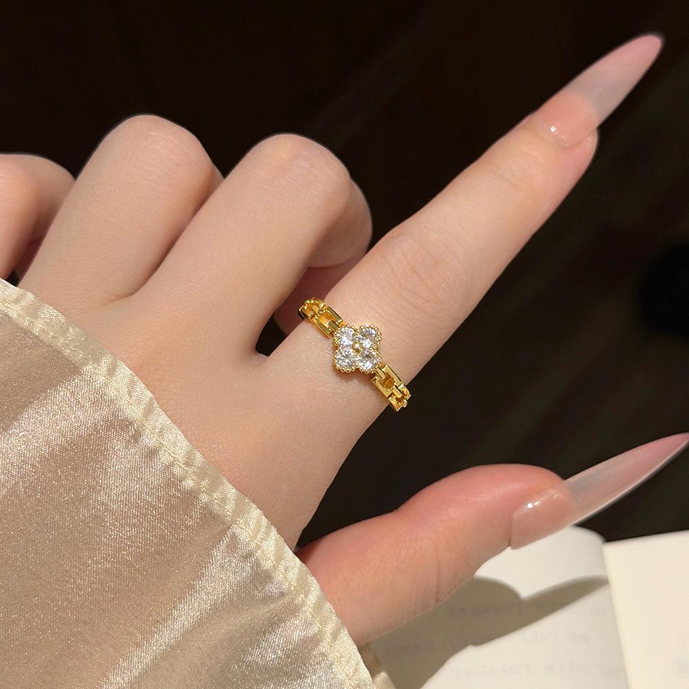 Korean-Japanese Zirconia Four-Leaf Clover Adjustable Ring – Trendy Women's Versatile Accessory