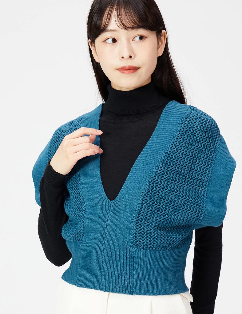 N Natural Beauty Mesh Knit Size M Basic Women's V-Neck Vest, Blue,