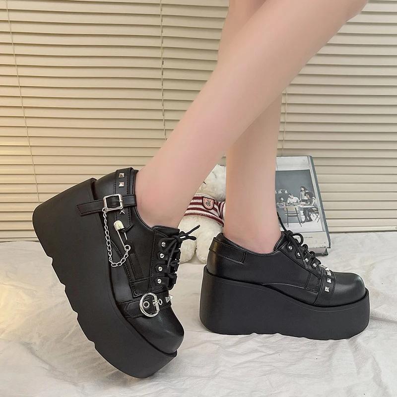 Fashion Retro Rock Shoes Boots For Women New Dark Punk Leather Shoes Metal Niche Low Top Platform Shoes For Women 8.5CM Thick soled