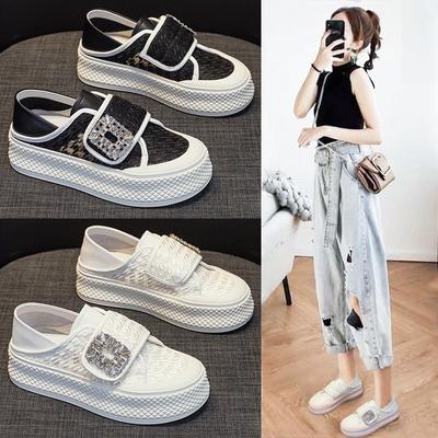 Women's White Shoes Summer New Rhinestone Mesh Breathable Versatile Sports Casual Platform Shoes