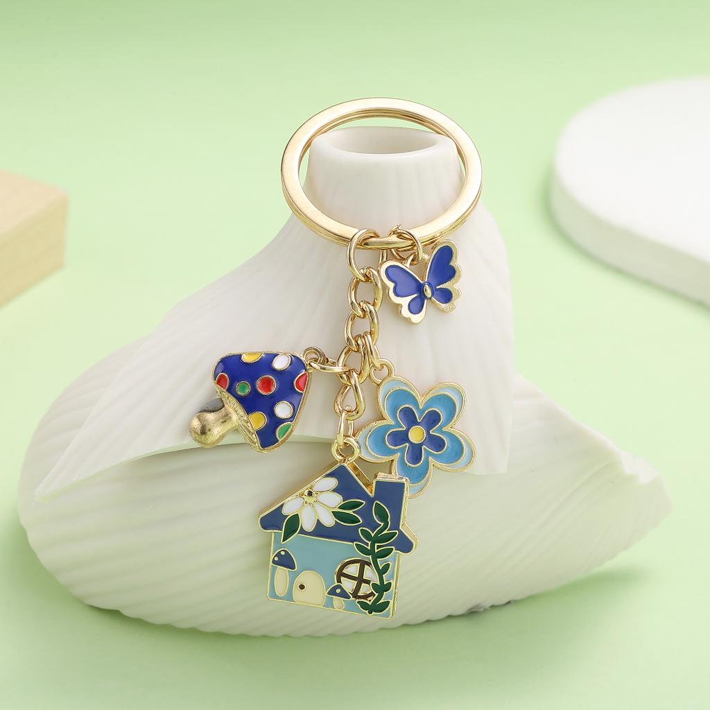 1pc Colorful Fairy Tale Keychain, Enamel Mushroom House Flower Butterfly Charms Key Ring, For Car Keys, Backpacks, Wallets