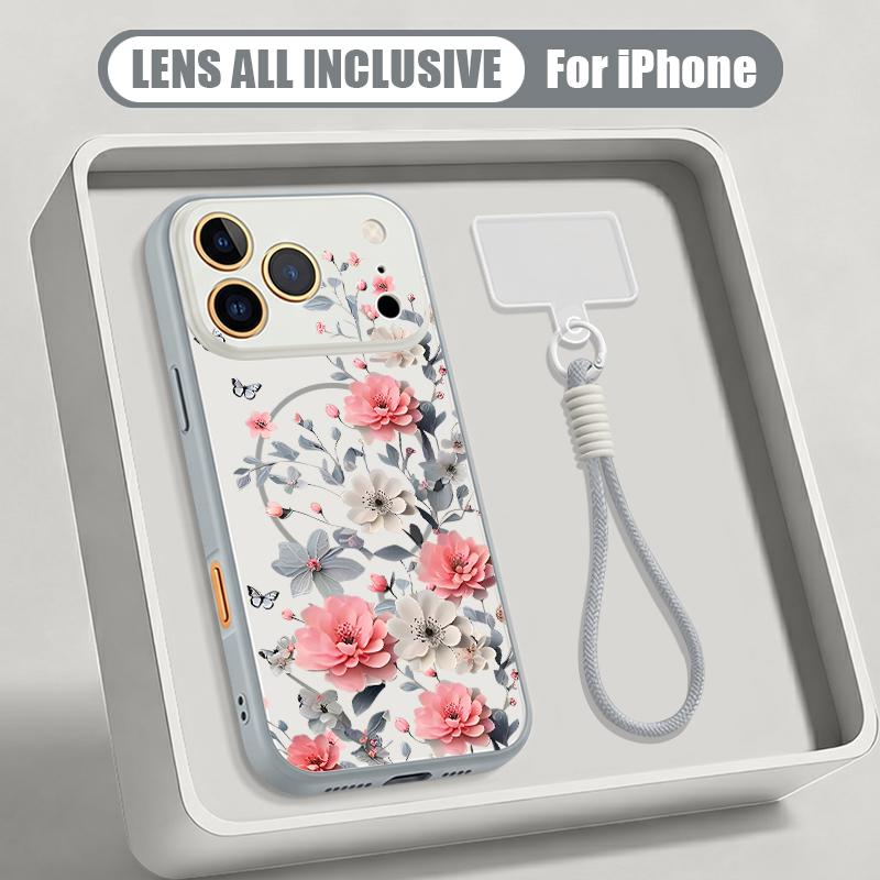INS Floral Pattern Hand Strap Case For iPhone 17 Pro Max iPhone 16 15 14 13 Pro Max Magnetic For Magsafe Hybrid TPU+PC Matte Cover
