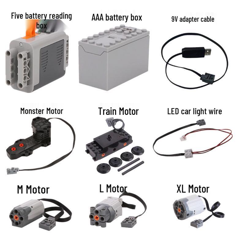 

Моторизований набір будівельних блоків: Пульт дистанційного керування швидкістю, Приймач, Двигуни M та L, Батарейний блок, Сумісні аксесуари.