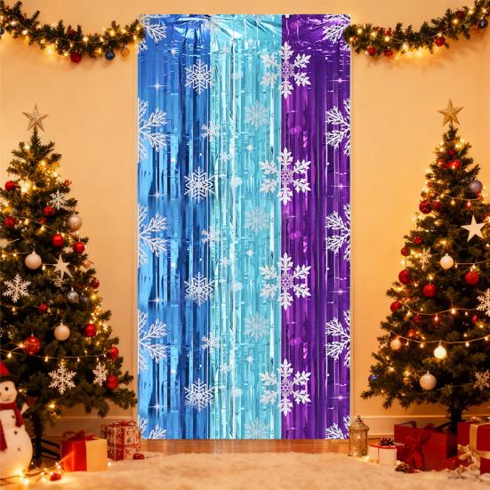 Snowflake Foil Fringe Curtains Metallic Silver Blue Snowflake Tinsel Streamer Photo Backdrop for Christmas Winter Wonderland Freeze Party Decoration