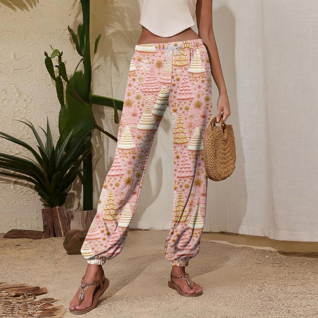 Pantaloni de trening casual de damă cu imprimeu de Crăciun, cu talie cu șnur și manșete la glezne