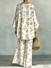 French pastoral rose and green leaf print round neck top and wide-leg trousers
