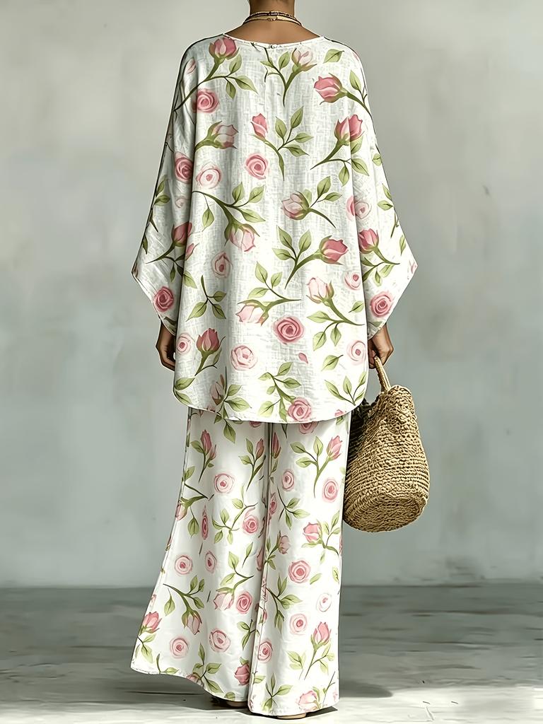 French pastoral rose and green leaf print round neck top and wide-leg trousers
