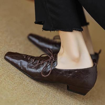 2025 Spring Autumn Vintage Women Shoes Elegant Shallow Square Toe Shoes Ladies Lace Up Single Shoes