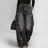 Women's Wide Leg Jeans with Metal Eyelet Detail Denim Pants for Streetwear