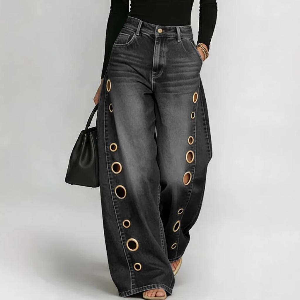 Women's Wide Leg Jeans with Metal Eyelet Detail Denim Pants for Streetwear