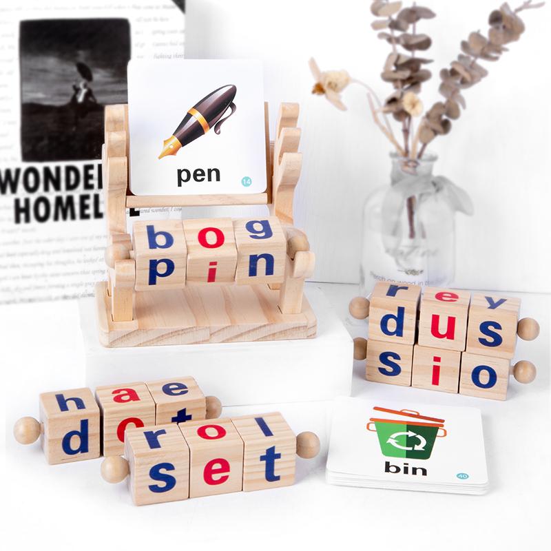 Wooden Word Spelling Game Vowel Letter Pairing Alphabet Learning Toys Letters Reading Building Blocks for Kids Early Education