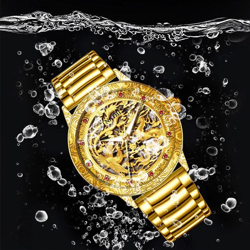 Men Gold Mechanical Watch Dragon Phoenix Skeleton Stainless Steel Watch