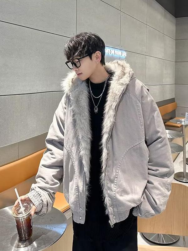 Men's American Short Hooded Cotton Jacket, Winter Luxury, Thick and Warm with Fur Collar.