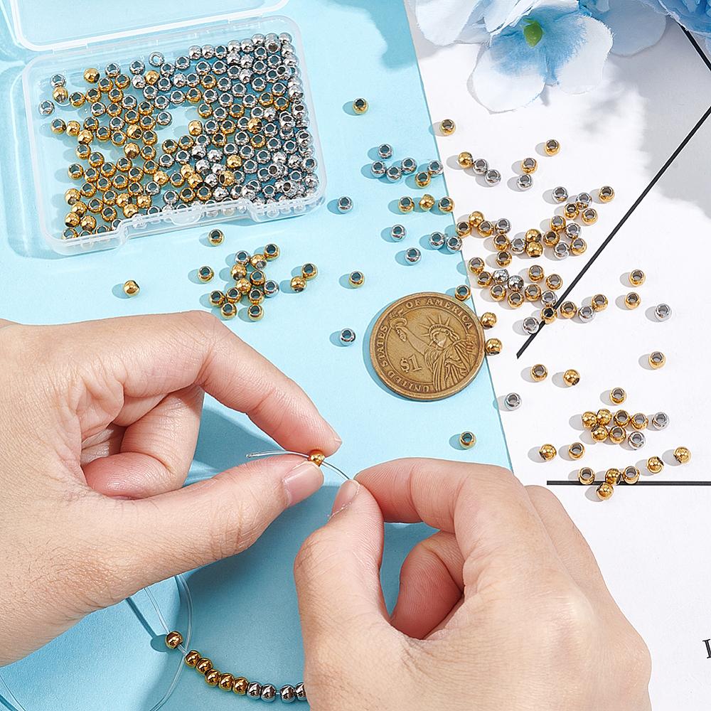 300Pcs 2 Colors 201 Stainless Steel Beads, Round, Mixed Color, 4x3mm, Hole: 2mm, 150pcs/color