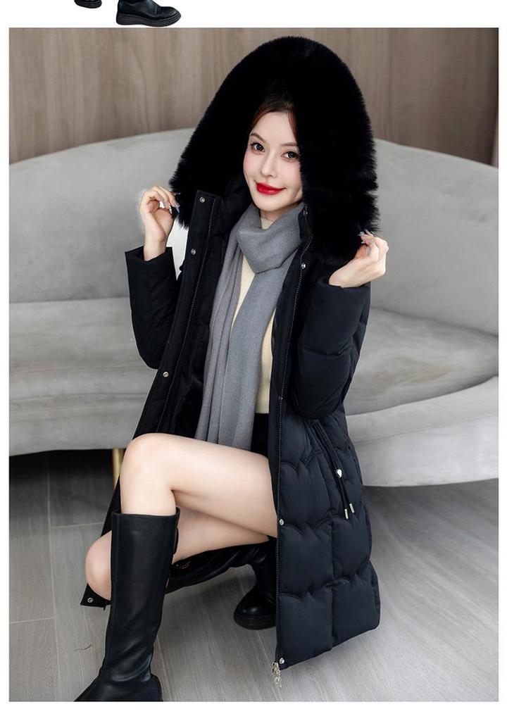 Women's Mid-Length Hooded Cotton Jacket with Large Fur Collar - Fashionable, Slimming Winter Outerwear with Waist Tie