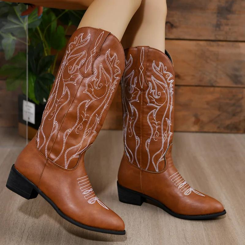 Shoes for Women 2024 High Quality Mid-Calf Women's Boots Outdoor Modern Boots Women Embroidery Slip-on Square Heel Ladies Shoes
