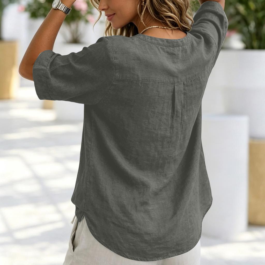 Women V Neck Button Half Sleeve Casual Loose Fit Blouse Lightweight Linen Tunic Top for Summer Spring