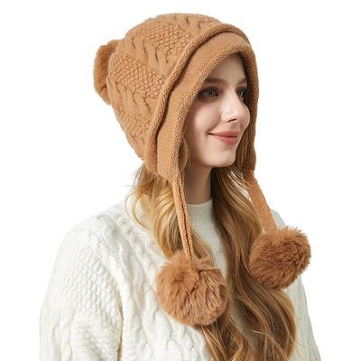 Women's Winter Thick Ear Protecting Three Hair Ball Rabbit Hair Knitted Hat Outdoor Riding Warm Hat