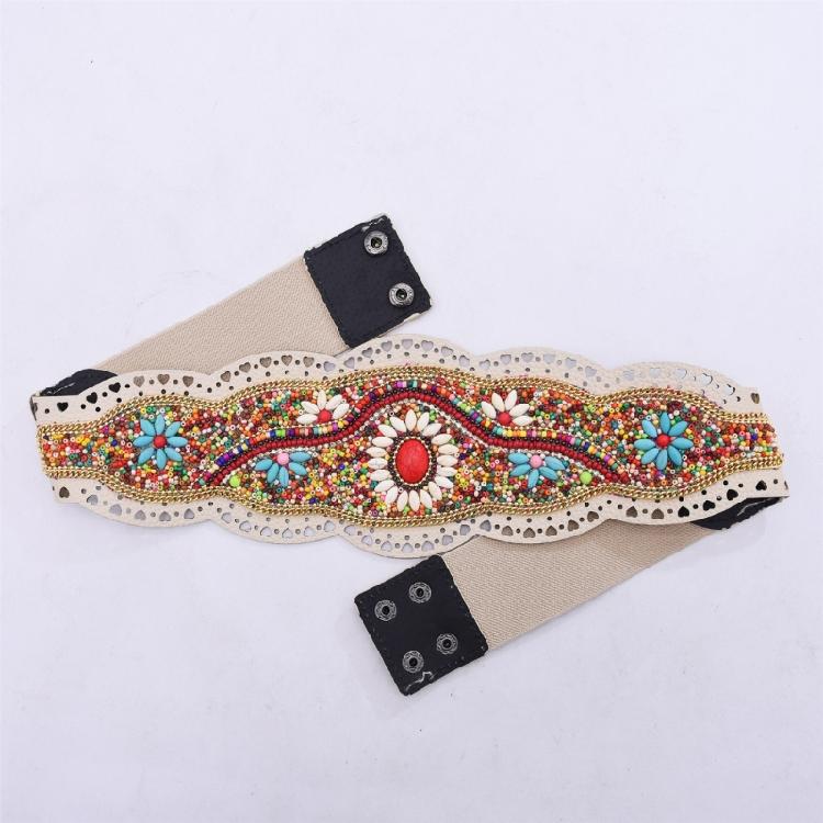 Ethnic Beaded Waist Cincher Stretch Waistband Bohemian Belt Body Girdle Feature Floral Accent for Women's Clothing