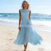 Abito Maxi da Donna Senza Maniche con Scollo a Drappeggio Vita Arricciata Linea ad A Svasata Lungo Monocolore Elegante Abito Estivo da Spiaggia