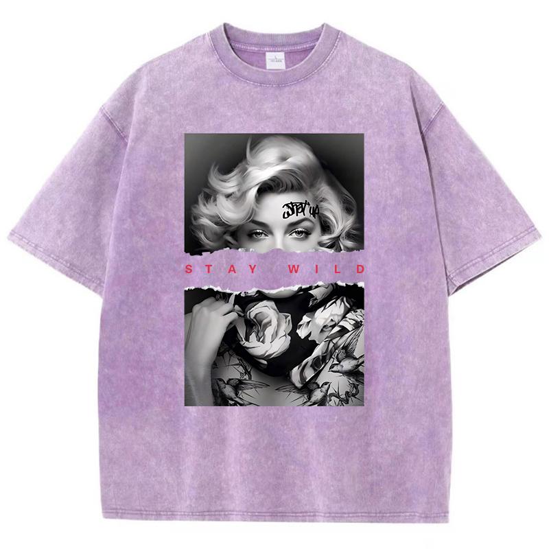 European Style Fashion Portrait Print Woman Cotton Washed T-Shirts All-Math Loose O-Neck Short Sleeve Tops Summer Clothes Unisex