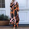 Muslim women's fashion floral print two-piece spring and autumn clothing retro long shirt wide-leg pants set