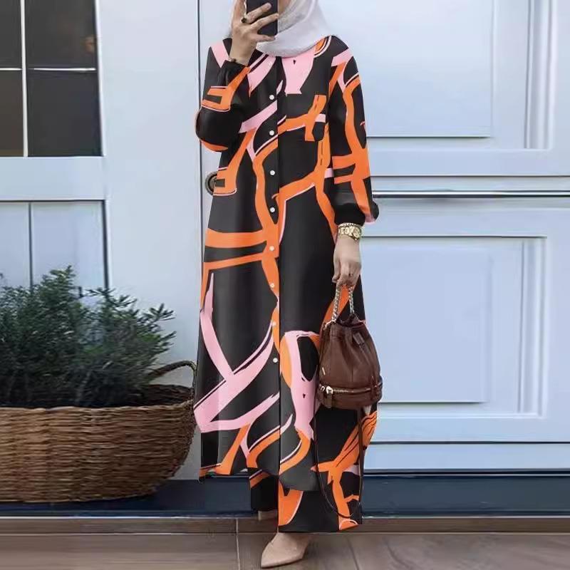 Muslim women's fashion floral print two-piece spring and autumn clothing retro long shirt wide-leg pants set