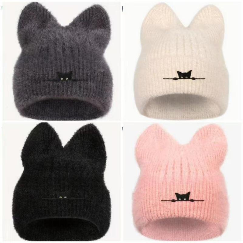 Soft Knitted Cat Ear Embroidered Hat Women Winter Warm Cartoon Hat Outdoor Snow Pullover Hats