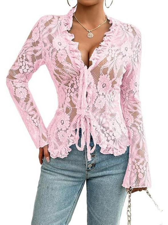 2026 Spring/Summer Women's Elegant Lace V-Neck Long-Sleeve Shirt