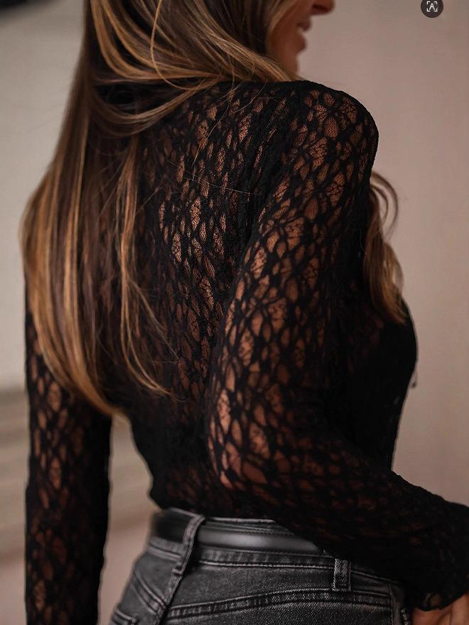 Women's Long Sleeve Lace Mesh Transparent Top - Hyuna Style