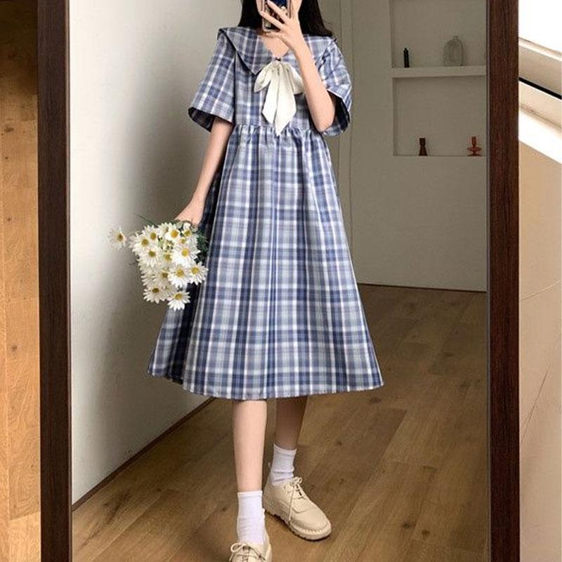 

Ретро клетчатое летнее платье средней длины Новое платье в колледжском стиле для японской девушки Свободное платье с темно-синим воротником M синий