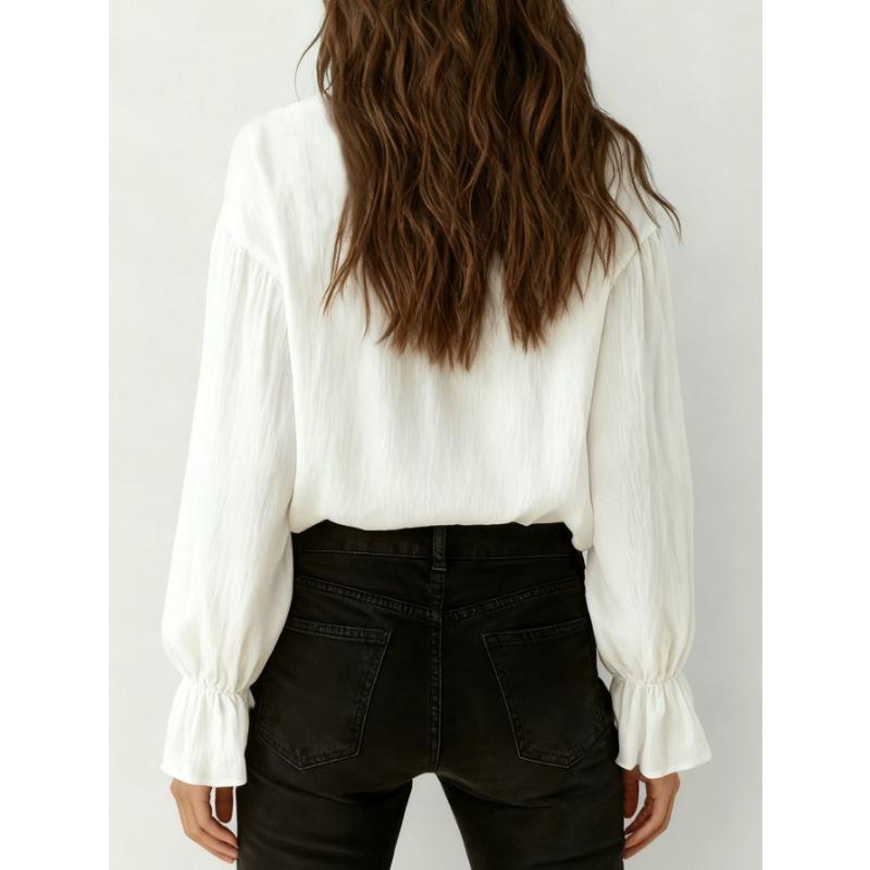 Women's Solid Color Lapel Single Breasted Lace Splicing Long Sleeve Solid Color Versatile Shirt