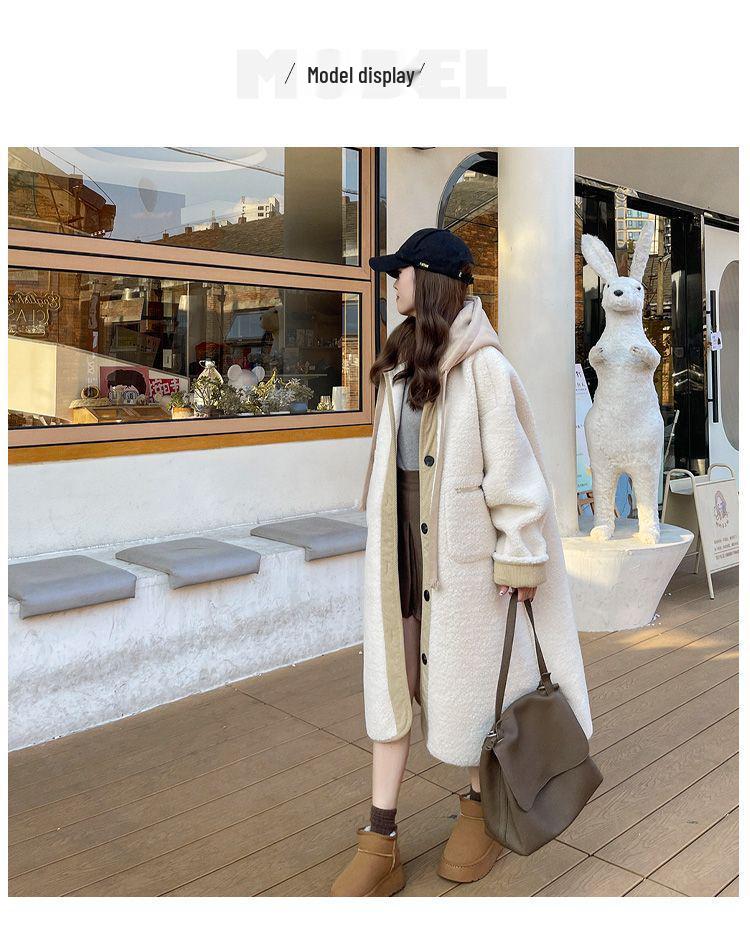 Beige Hooded Lambswool Mid-Length Coat - Thickened Korean Style, Loose Fit, Autumn/Winter Plush Jacket