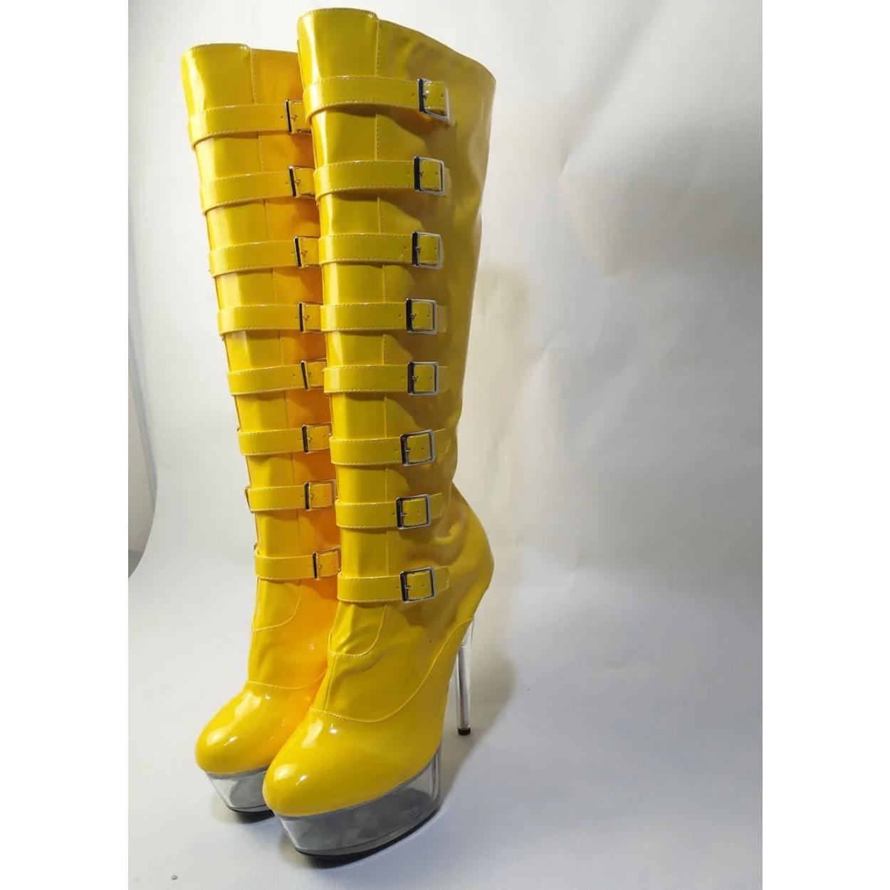 

LAIJIANJINXIA Новые ботинки до колена с пряжкой, черные, женские, 15 см, супер высокий каблук, звездная мода, сценические ботинки, женские, красные/белые 36 жёлтый