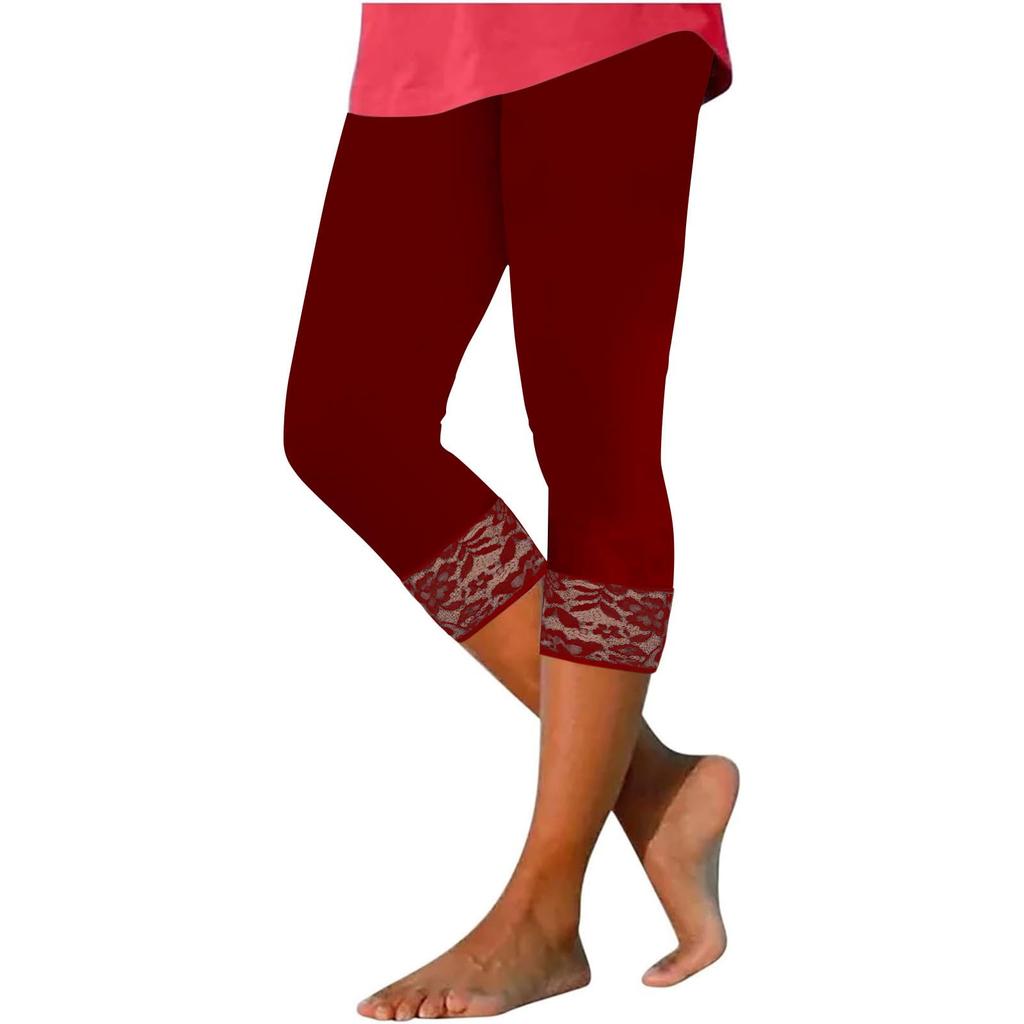 Women's High Waist Pants Lace Stitching Summer -Color Slim Fit Leggings Cropped Pants