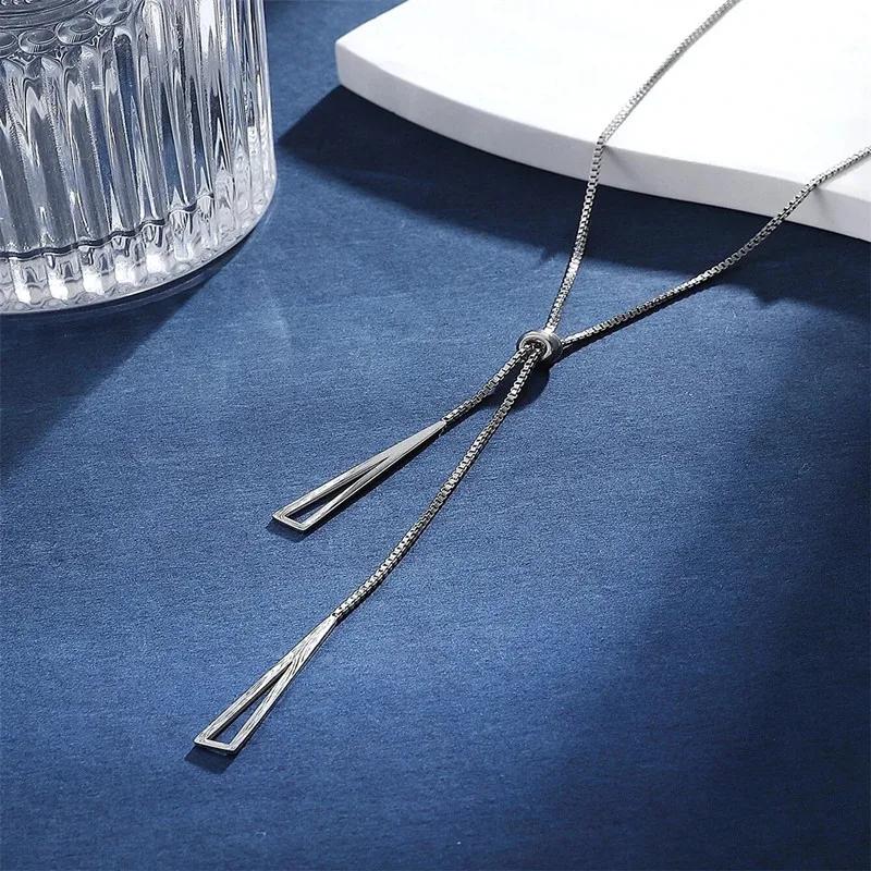 Metal Style Silver Color Triangle Pendant Necklace Fashionable Simple Charm Y Lariat Necklaces for Women Boho Minimalist