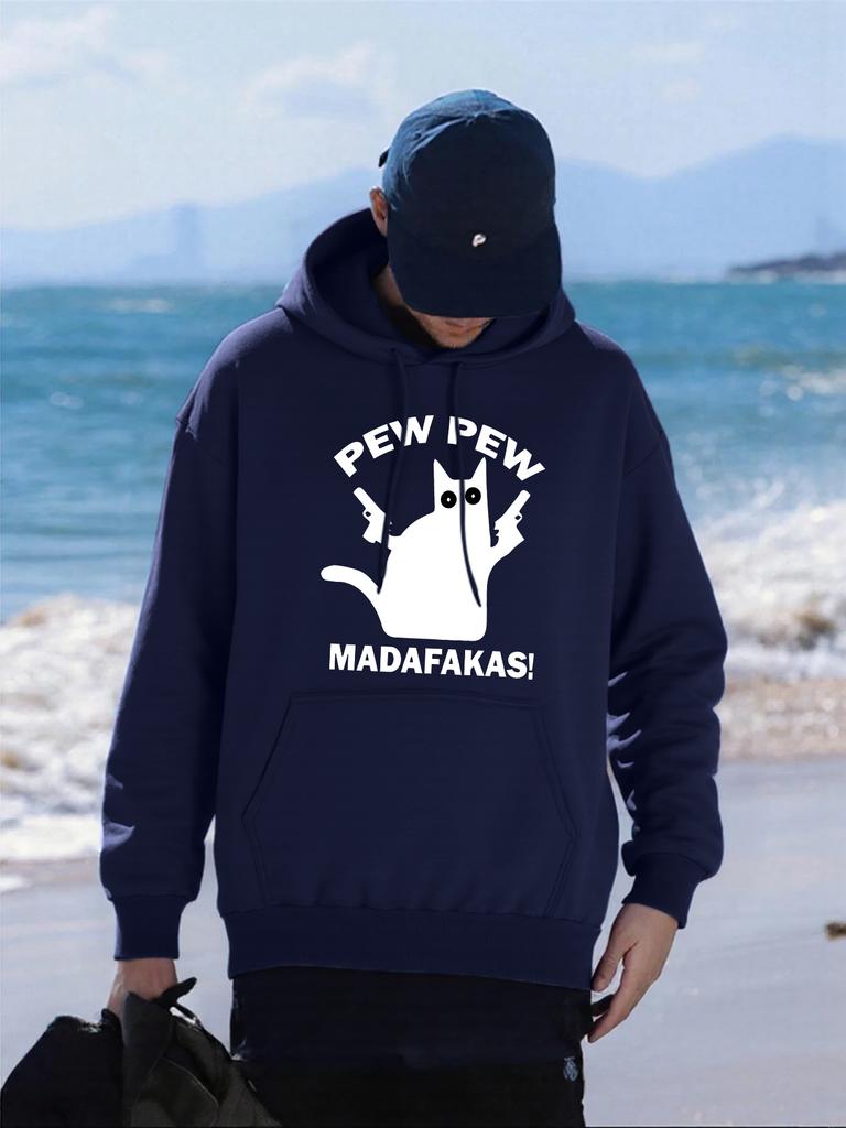 Pew Pew Madafakas Cat Holding A Gun Printed Men Hoodies Loose Loose Hoody Autumn Fleece Streetwear All-Match Pocket Pullovers
