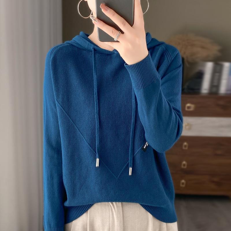 INDFS Women's Fashion Casual Fall Winter Solid Color Print Long Sleeve Hooded Sweaters