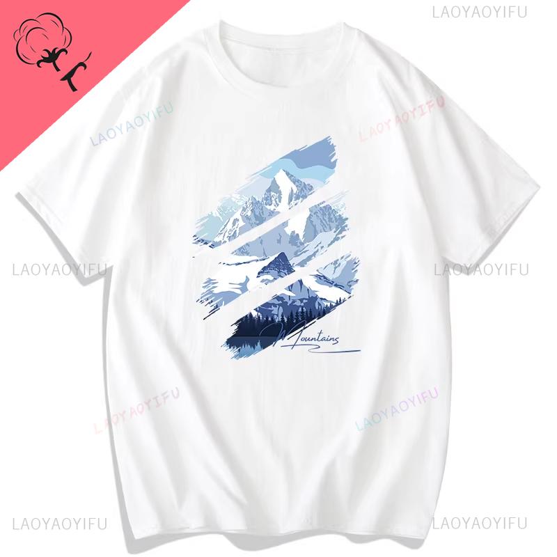 Himalaya Short-sleeved Snow Mountain Scenery Outdoor Adventure Tourism Personality Printed T-shirt Loose Pure Cotton Camisas