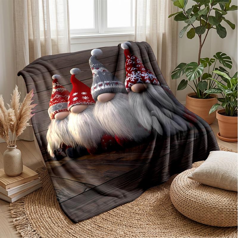 Festive Christmas Gnome with Tree and Heart Theme Blanket Lightweight Warm Flannel Blanket Decorative Throw Blanket for Home Decoration