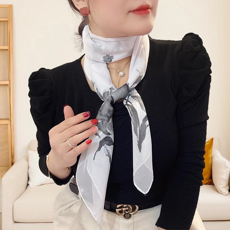 Large 95cm Square Korean Silk Chiffon Scarf for Women - Printed Neck or Head Scarf