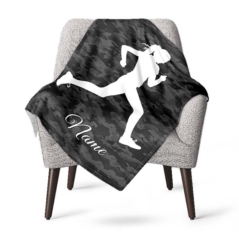Custom Running Silhouette Blanket Camo Background Personalized Name Fleece Throw All Season Soft Warm Bedding Gift for Runners