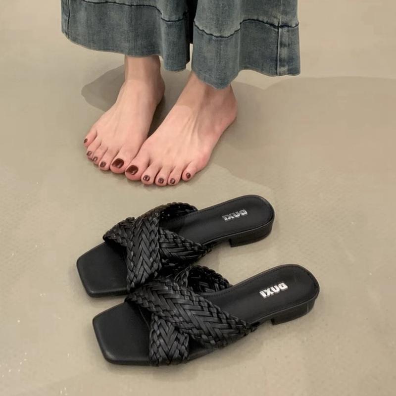 Fashion SUOJIALUN 2025 Summer New Brand Women Slipper Fashion Weave Slip On Ladies Elegant Slides Soft Flat Heel Outdoor Dress Sandal