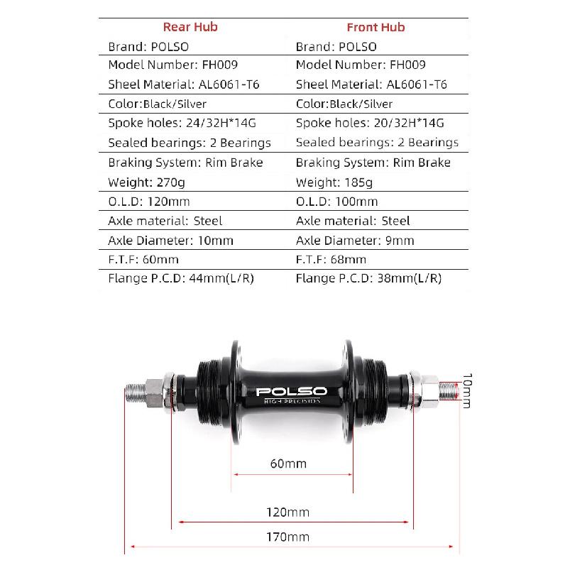POLSO FH009 Fixed Gear Bike Hub 20H 24H 32H Single Speed Track Cycling Hubs Fixie Parts