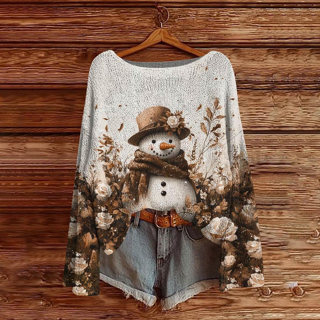 Women's Fashion Christmas Print Lightweight Sweater Casual Long-Sleeve Knit Pullover Top