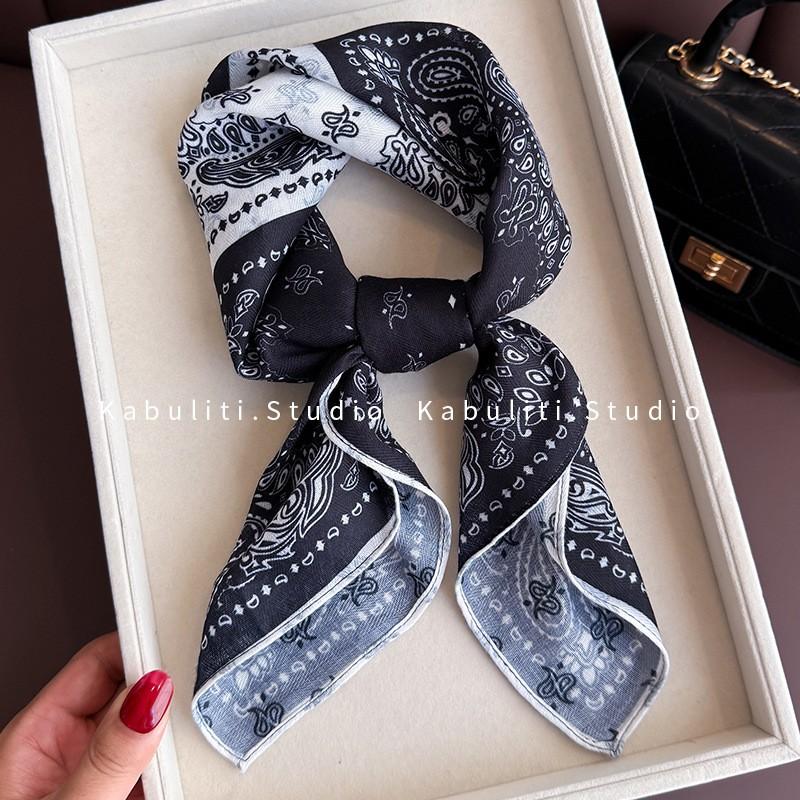 70x70cm Lightweight Square Scarf Women Vintage Black Floral Print Silk-Feel Neck Wrap UV Protection Stylish Accessory