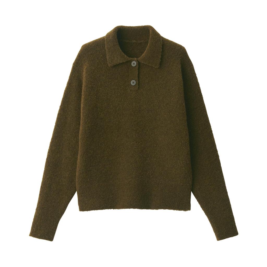 MUJI Boucle Polo Khaki Size BA1P7A4A Women's Wool-Blend Sweater, Green, L,