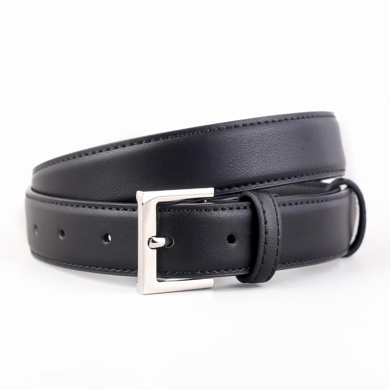 Stylish Twolayer Cowhide Leather Belt With Silver Pin Buckle For Daily Wear BlackSilver